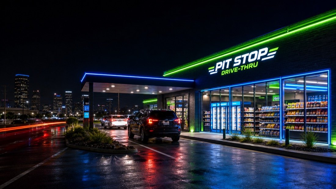 Night exterior drive-thru lane