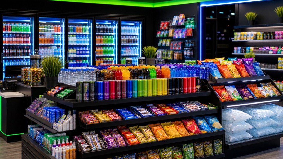 Cold drinks and snacks inside the store