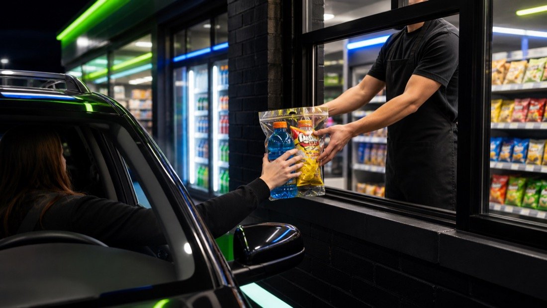 Staff handing items through a drive-thru window